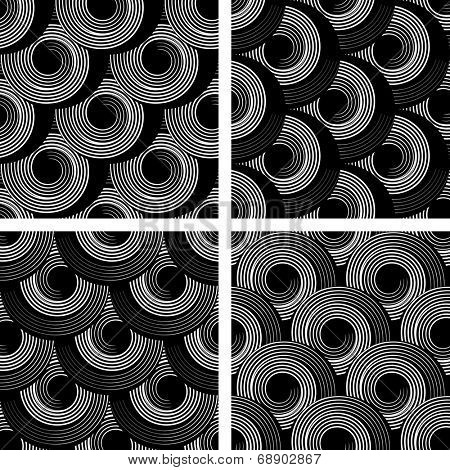 Patterns with circle spiral elements. Seamless textures set. Vector art.