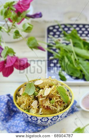 Pilaf With Chicken, Peas And Almonds