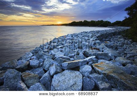Sun Set With Rock Dam Sea Coast Bank Protection Perspective Line
