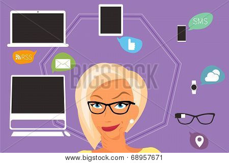 Blond woman thinking about gadgets and applications around her