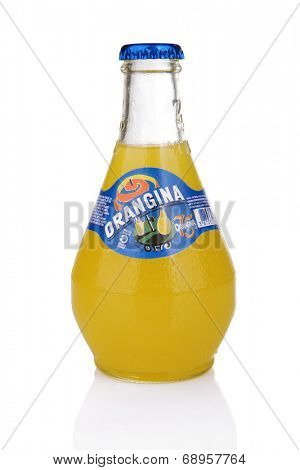 ZAGREB, CROATIA - JULY 24, 2014: Orangina, orange pulp, a small bulbous bottle and a vivid logo. It's indicative of the fruit, sunshine and Mediterranean origins behind this unique French soft drink.