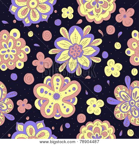 blue doodle flowers seamless pattern