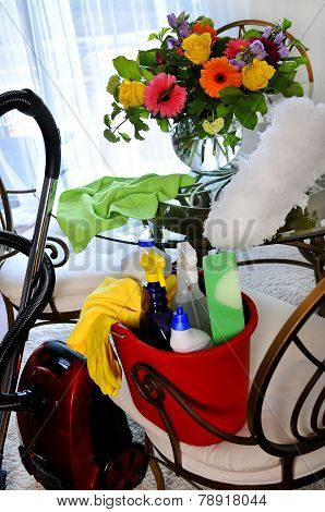 Cleaning service bucket with cleaning supplies