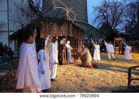 ZAGREB, CROATIA - JANUARY 04, 2014: The religious spirit in the Advent in Zagreb especially can feel the front of the Cathedral, where Community Cenacolo organizes live Christmas nativity scene.