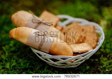 Buns And Busuits Close Up On The Plate With Green Grass Background