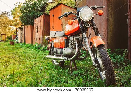 Vintage Red Motorcycle Generic Motorbike In Countryside