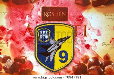 Illustrative editorial.Chevron of Ukrainian air force. 9 Aviation brigade.With logo Roshen Inc. Trademark Roshen is property of ukrainian president Poroshenko.At December 20,2014 in Kiev, Ukraine 