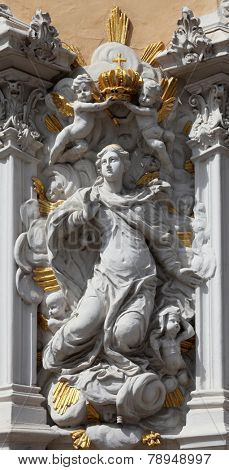 WURZBURG GERMANY - JULY 18: Virgin Mary, House of Falcon, the finest Rococo style building in the city on July 18, 2013 in Wurzburg, Germany