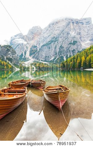 Closeup On Boats On Lake Braies In South Tyrol, Italy