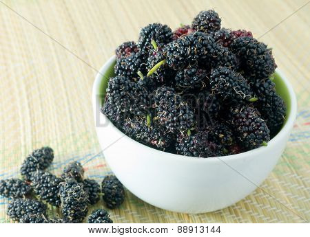 Fresh Ripe Mulberry In A White Bowl