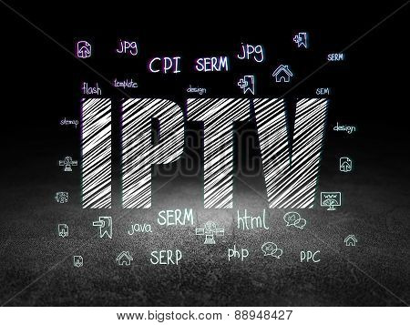 Web development concept: IPTV in grunge dark room