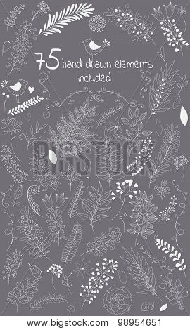 The vector design toolkit includes 75 individuals floral hand drawn elements.