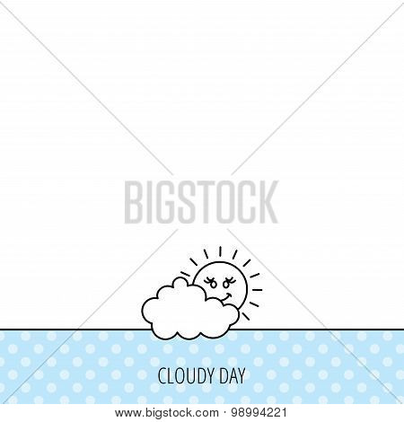 Cloudy day with sun icon. Overcast weather sign.