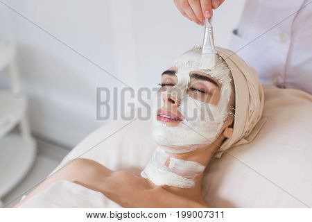Spa beauty organic facial mask application at day spa salon.