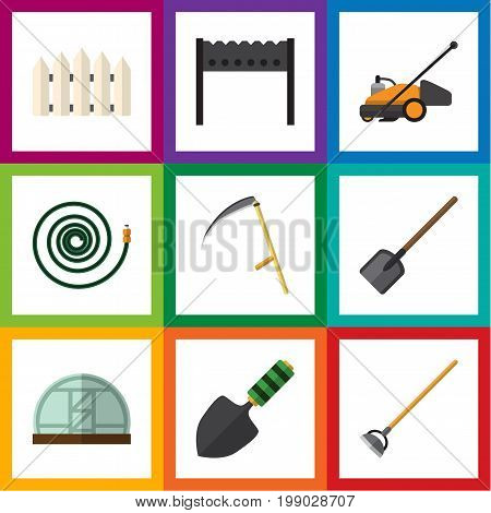 Flat Icon Garden Set Of Hothouse, Trowel, Hosepipe And Other Vector Objects
