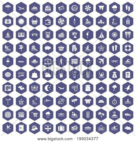 100 seaside resort icons set in purple hexagon isolated vector illustration