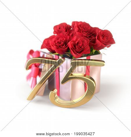 birthday concept with red roses in gift isolated on white background. 3D render - seventyfifth birthday. 75th