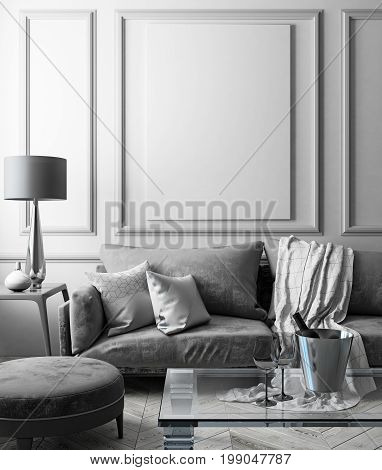 Classic white interior mock up with sofa, glass table, ottoman, pillows, plaid, lamp, vase. 3d render illustration.