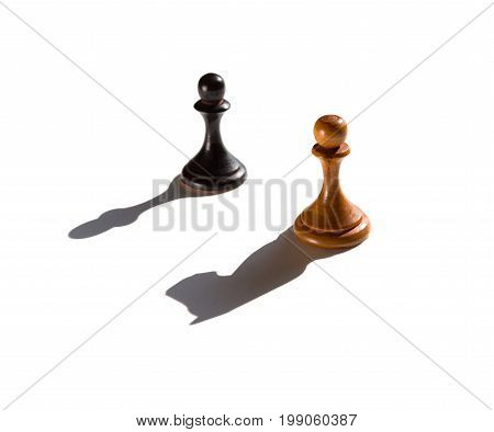 two chess pawns one casting a knight piece shadow concept of strength and aspirations