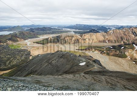 View on the beautifully colored mountain, volcano Blahnukur, Iceland.