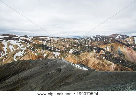 View on the beautifully colored mountain, volcano Blahnukur, Iceland.