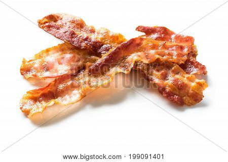 Delicious fried bacon on a white background isolated.