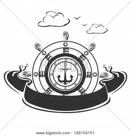 Marine emblem with ribbon. Vector illustration of a silhouette.