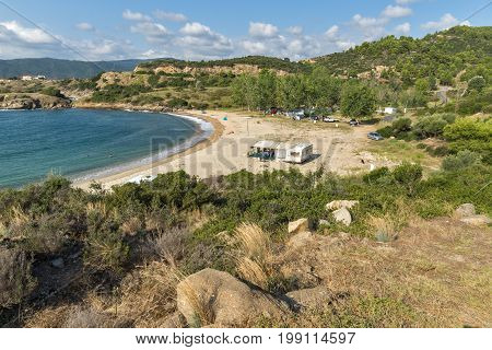 CHALKIDIKI, CENTRAL MACEDONIA, GREECE - AUGUST 26, 2014: Seascape of Achlada Beach at Sithonia peninsula, Chalkidiki, Central Macedonia, Greece