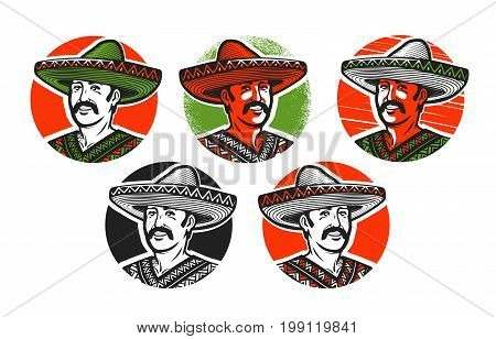 Mexican in sombrero logo or label. Cartoon vector illustration isolated on white background