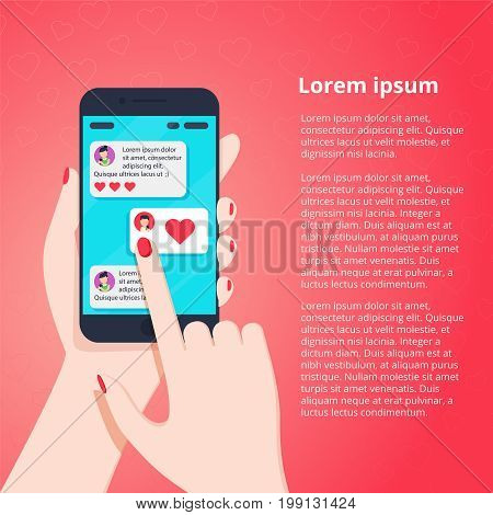 Woman hand holding cellphone with love chat communication. Love talk with a man online. Woman and have romantic chat conversation by phone. Vector illustration