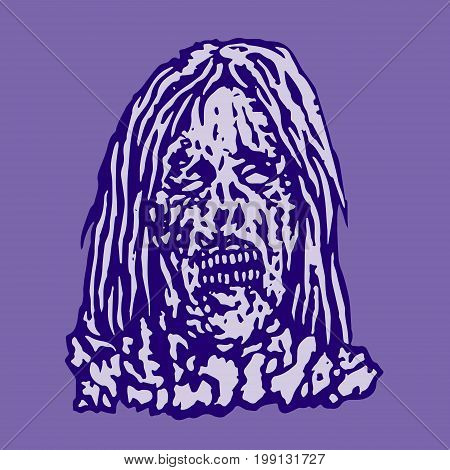 Dangerous head of zombie woman. Vector illustration. The horror genre. Scary female character face.