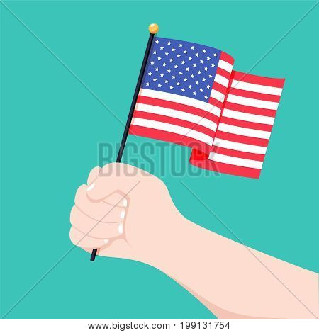 Human hand holding flag of USA country isolated on white background vector ilustration. American flag in hand. Patriotic holidays concept