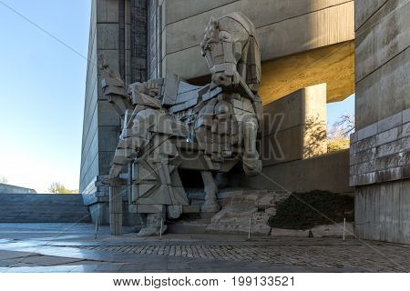 SHUMEN, BULGARIA - APRIL 10, 2017:   Founders of the Bulgarian State Monument near Town of Shumen, Bulgaria
