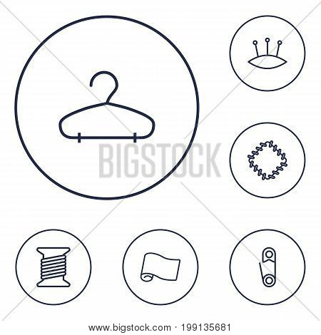 Collection Of Safety Pin, Hanger, Bobbin And Other Elements.  Set Of 6 Stitch Outline Icons Set.