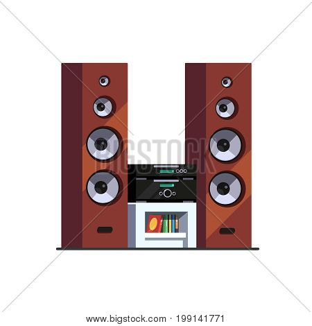 Three way high end wooden floor standing tower speakers stereo music system with amplifier, receiver and blue ray player on table. Flat style vector illustration isolated on white background.