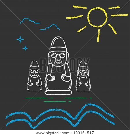 Kids Chalk Draw Imitation Illustration for Jeju Island Promotion: Rock or Stone Grandfather Statue known as Dol Hareubang or Harubang sun and sea waves. Jeju Harubang Rock Statue.