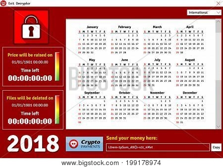 Calendar 2018 horizontal A4 format starts Sunday with cryptolocker virus theme
