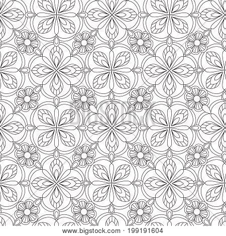 Doodles mandala seamless pattern. Adult coloring page. Black and white floral elements. Repeat pattern background. Hand drawn vector illustration.