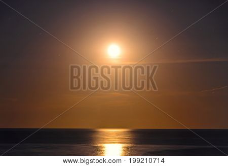 The Black Sea Shore From Albena, Bulgaria With White Moon And Stars, Night Time