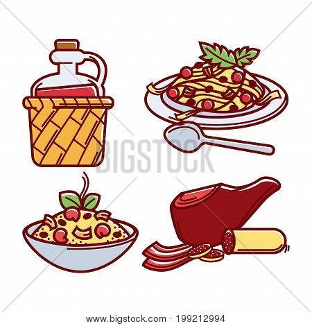 Homemade wine in wicker basket, delicious spaghette, hot tasty paste, big piece of humbug and fresh sausage. Italian traditional delicious food isolated vector illustrations set on white background.