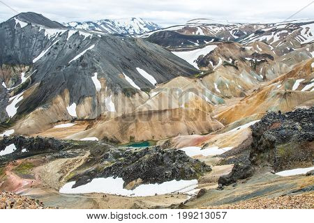 View on the beautifully colored mountain, volcano Blahnukur, Iceland.