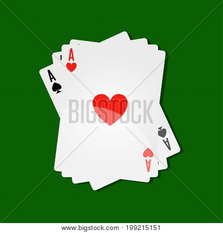 Casino poker playing cards in aces combination on green gambling table background. Vector stack of card decks with suits of hearts, clubs or diamonds and spades for solitaire game