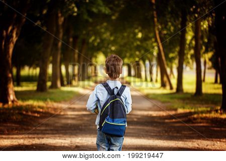 Little boy going back to school. Child with backpack and books on first school day. Back view.