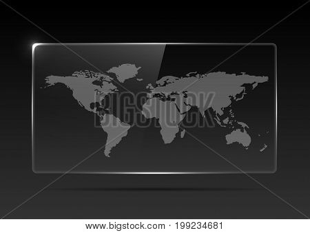Transparent plastic or glass banner with a map of the earth on a black background. Transparent billboard with highlights. Transparent TV. Vector illustration.