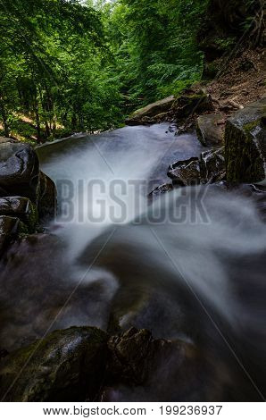 Landscape Of Waterfall Shypit In The Ukrainian Carpathian Mountains On The Long Exposure