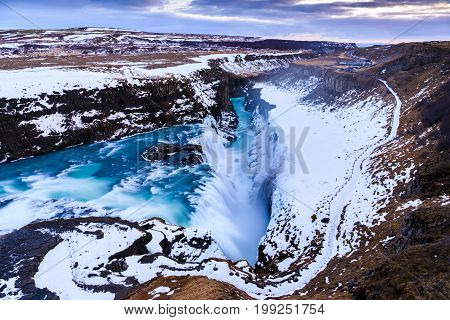 Gullfoss waterfall in Winter(bird's eye view) Iceland