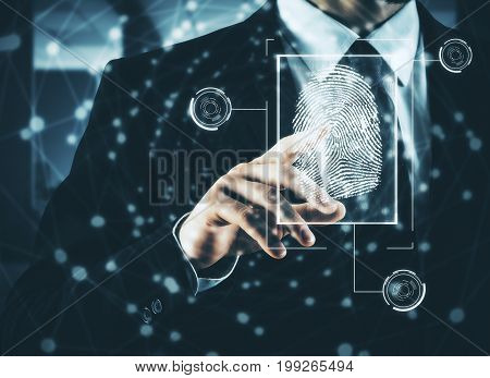 Businessman pressing abstract fingerprint interface on blurry background. Identification concept. Double exposure