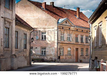 Typical houses in latvian city Kuldiga. Street architecture panorama. Kuldiga is a small town in western Latvia