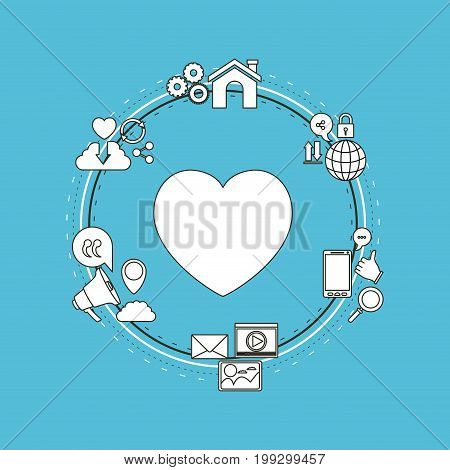 color background of circular frame of tech share internet icons and closeup silhouette heart love vector illustration