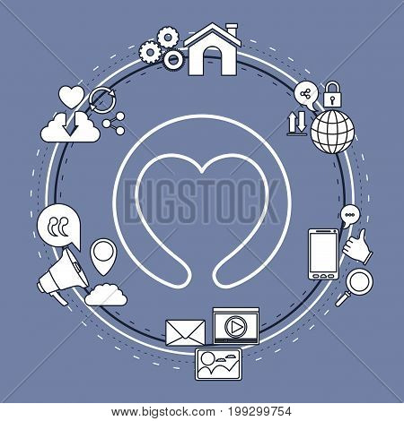 color background of circular frame of tech share internet icons and closeup silhouette heart shape vector illustration